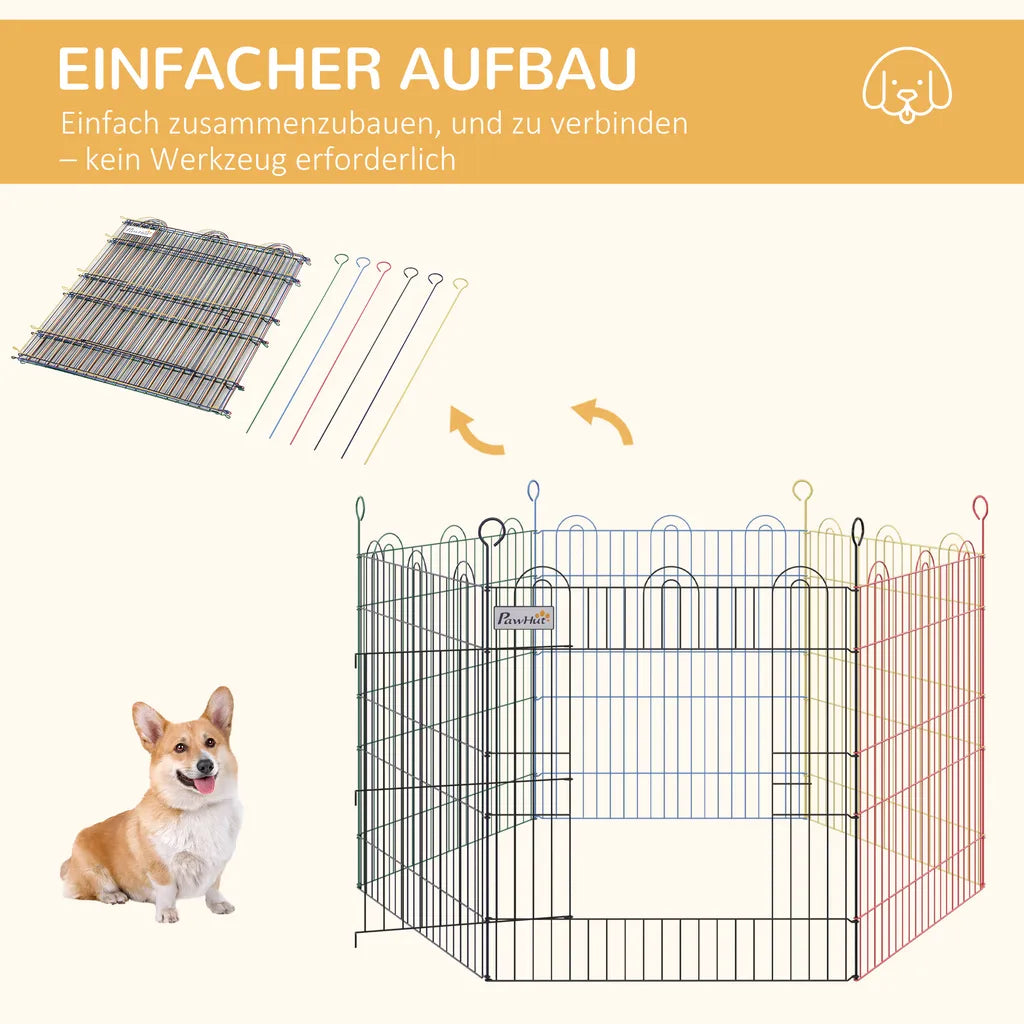  PawHut Welpenauslauf Für Haustiere, 6 Stücke Welpenzaun, Laufstall, Freilaufgehege, Metall, Bunt, Ø120 X H60 Cm
