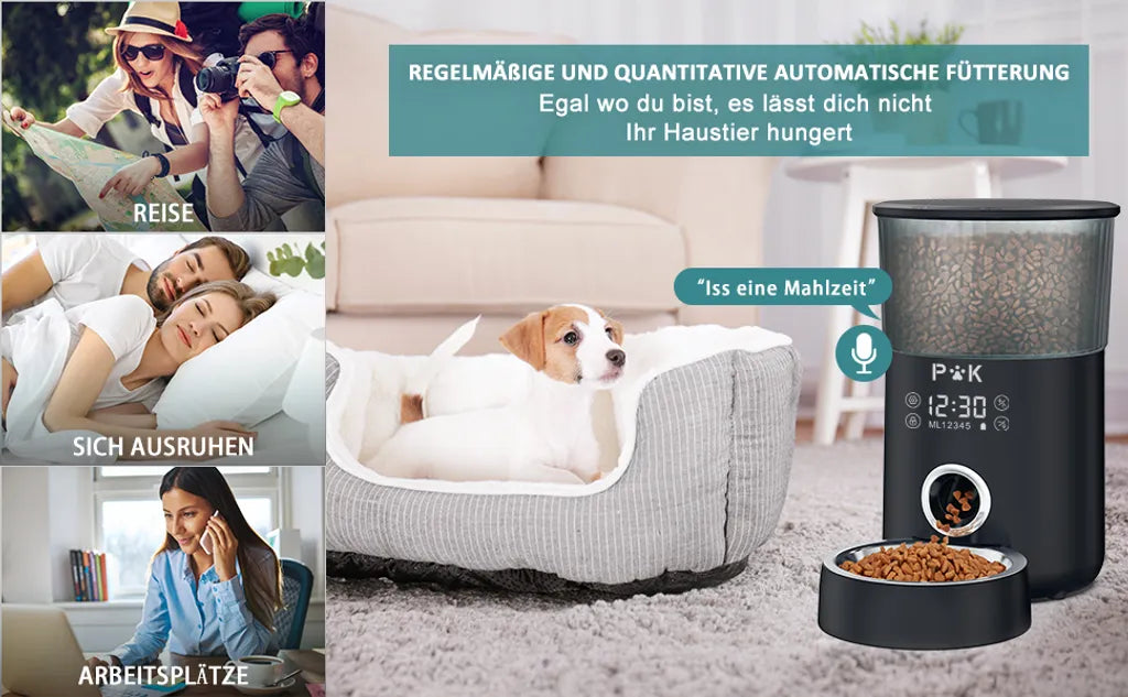  PUPPY KITTY 4L Touchscreen Automatischer Futterautomat Für Katze Und Hund, Timer Futterspender Mit 1-5 Mahlzeiten, Mit Benutzerdefinierter Abgabeton, Portionskontrolle, Edelstahlschale, Schwarz