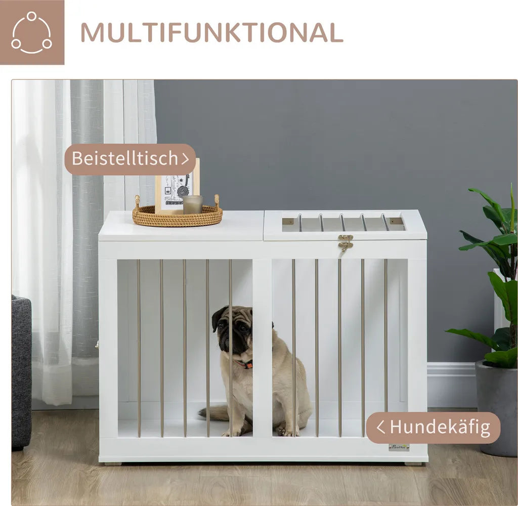  PawHut Hundekäfig, Hundehütte Mit Tischplatte, Haustierkäfig Für Mittelgroße Hunde, Hundebox Mit Türen, Hundehaus, Beistelltisch, Transportkäfig, Weiß, 80 X 50 X 56,5 Cm