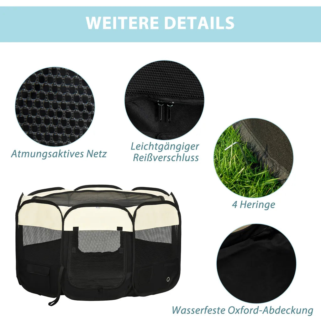  PawHut Welpenlaufstall Tierlaufstall Faltbarer Welpenauslauf Freigehege Laufstall Aus Oxfordstoff Für Kleine Hunde Und Katzen Wasserdicht Tragbar Cremeweiß+Schwarz 118 X 118 X 62 Cm