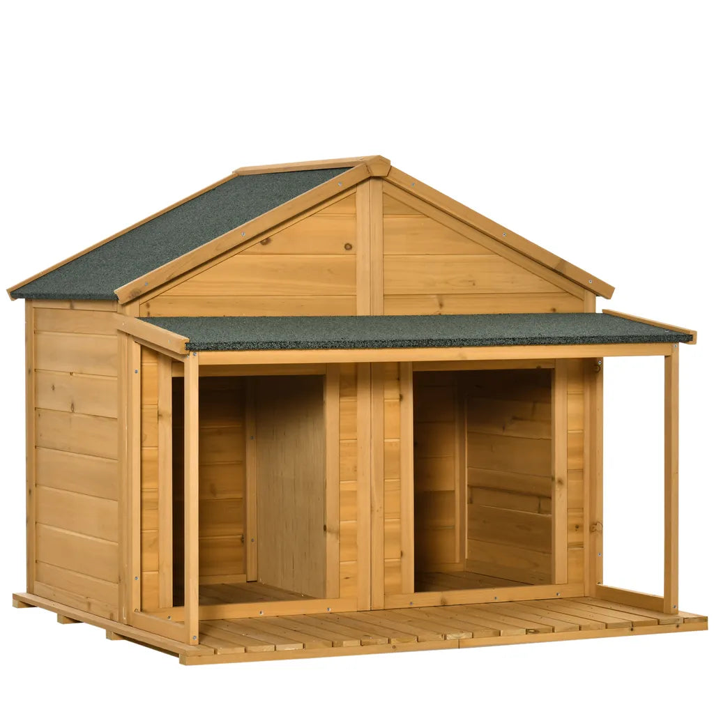  Pawhut Hundehütte Aus Massivholz Isoliertes Hundehaus Mit 2 Räume Asphaltdach Outdoor Hütte Mit Terrasse Gelb+Grün 127 X 110 X 109 Cm