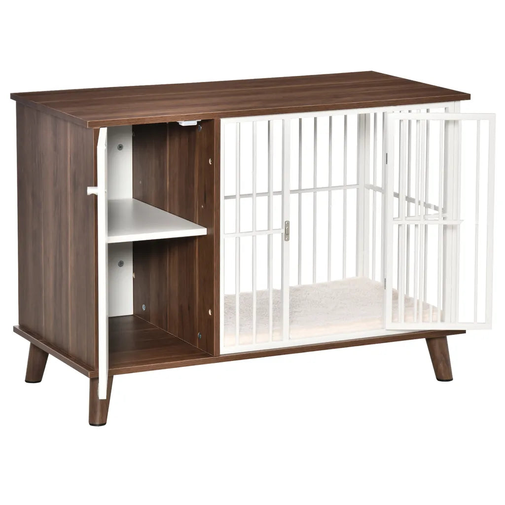  PawHut Hundekäfig Aus Holz Mit Schrank Kissen Tischoberfläche Erhöhtes Design Hundebox Für Mittelgroße Kleine Hunde Innen Zuhause Tierkäfig Haustier Stahl Braun 98 X 48 X 70,5 Cm