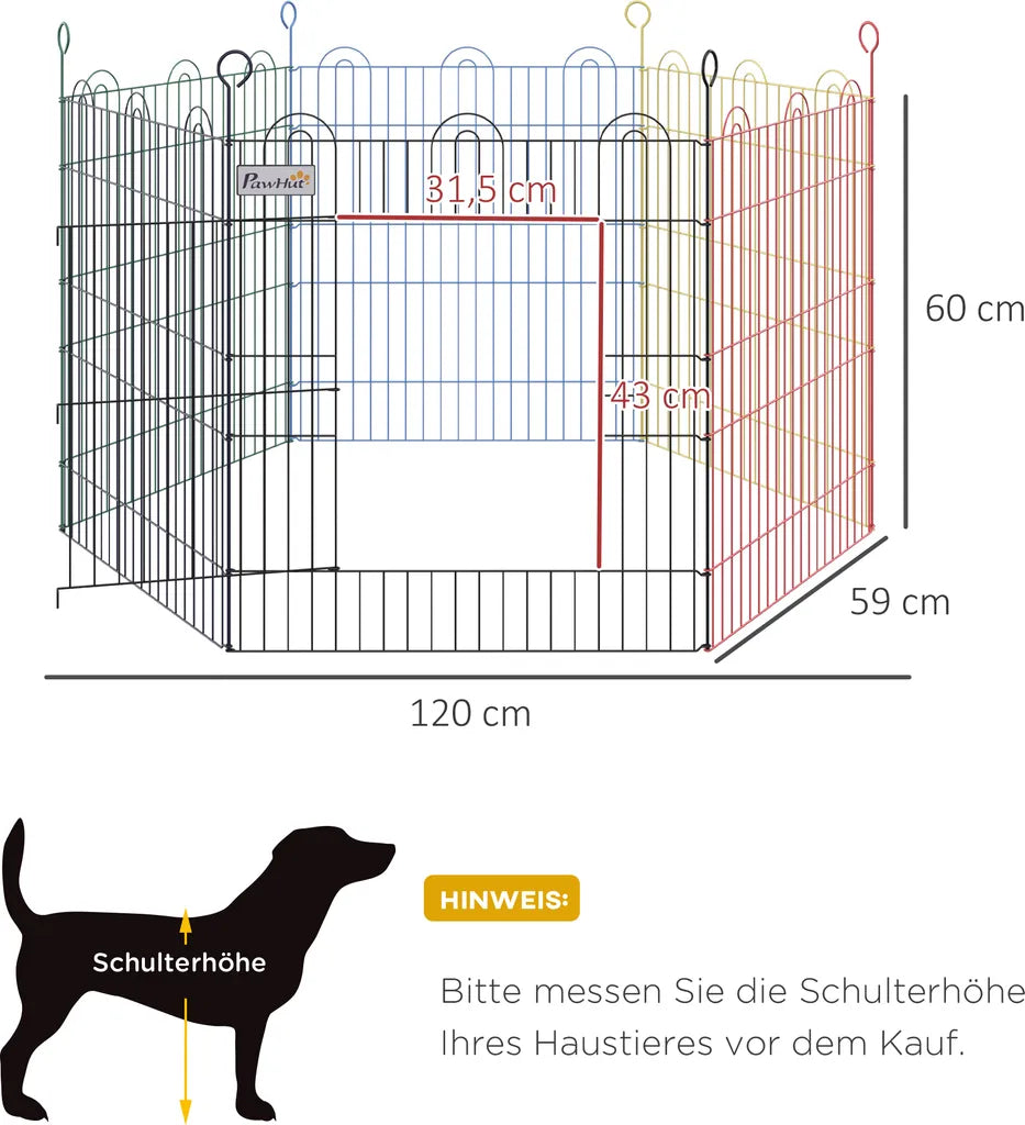  PawHut Welpenauslauf Für Haustiere, 6 Stücke Welpenzaun, Laufstall, Freilaufgehege, Metall, Bunt, Ø120 X H60 Cm