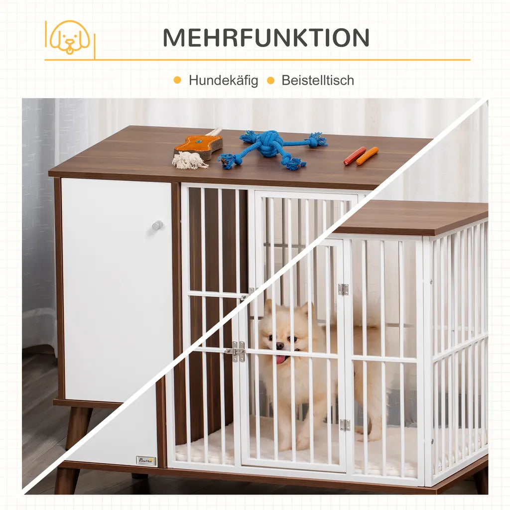  PawHut Hundekäfig Aus Holz Mit Schrank Kissen Tischoberfläche Erhöhtes Design Hundebox Für Mittelgroße Kleine Hunde Innen Zuhause Tierkäfig Haustier Stahl Braun 98 X 48 X 70,5 Cm
