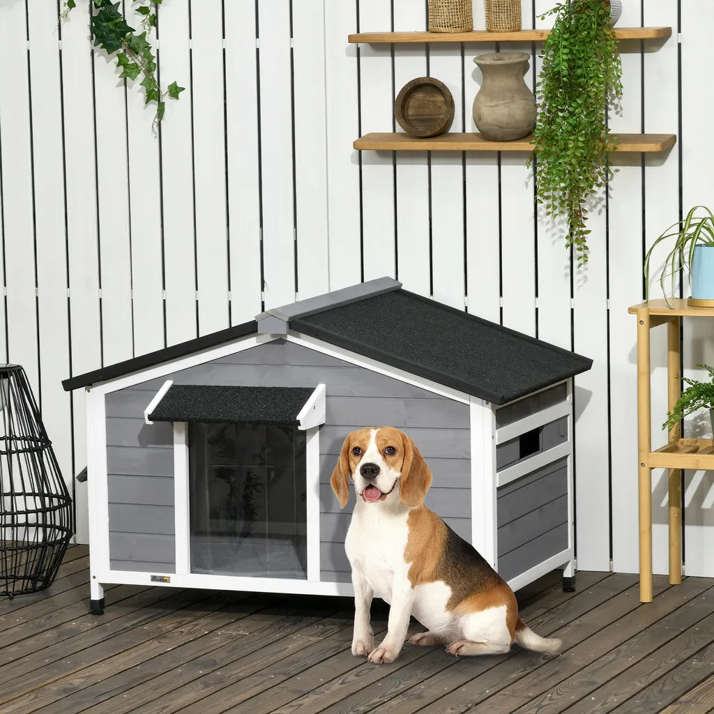  PawHut Hundehütte, Tannenholz, Hundehaus Mit Zu öffnendem Asphaltdach Und Abnehmbarem Boden, Kleintierhaus Für Kleine Und Mittelgroße Hunde, Outdoor, Wetterbeständig, Grau, 109 X 79 X 72 Cm