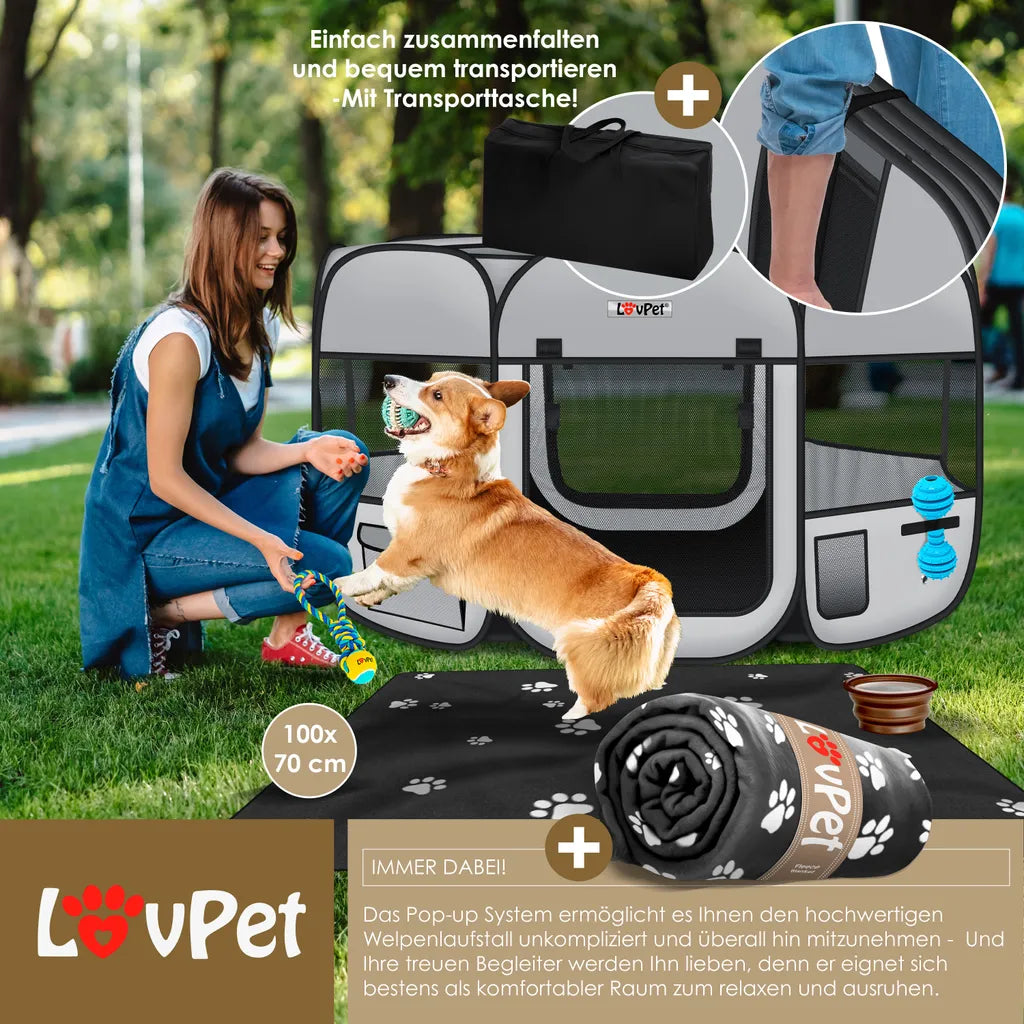  LOVPET® Welpenlaufstall Tierlaufstall Faltbar Für Kleintiere Hunde, Katzen Inkl. Hundenapf Hundelaufstall Freigehege Oxfordgewebe Pop-up System Indoor & Outdoor, Farbe:Hellgrau / Schwarz