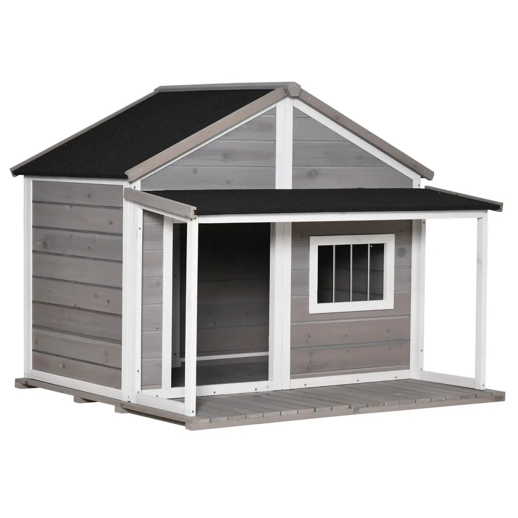  PawHut Hundehütte Aus Massivholz Kleintierhaus Isoliertes Hundehaus Mit Terrasse Asphaltdach Outdoor Wetterfeste Hütte Für Draußen Grau 127 X 112 X 109 Cm