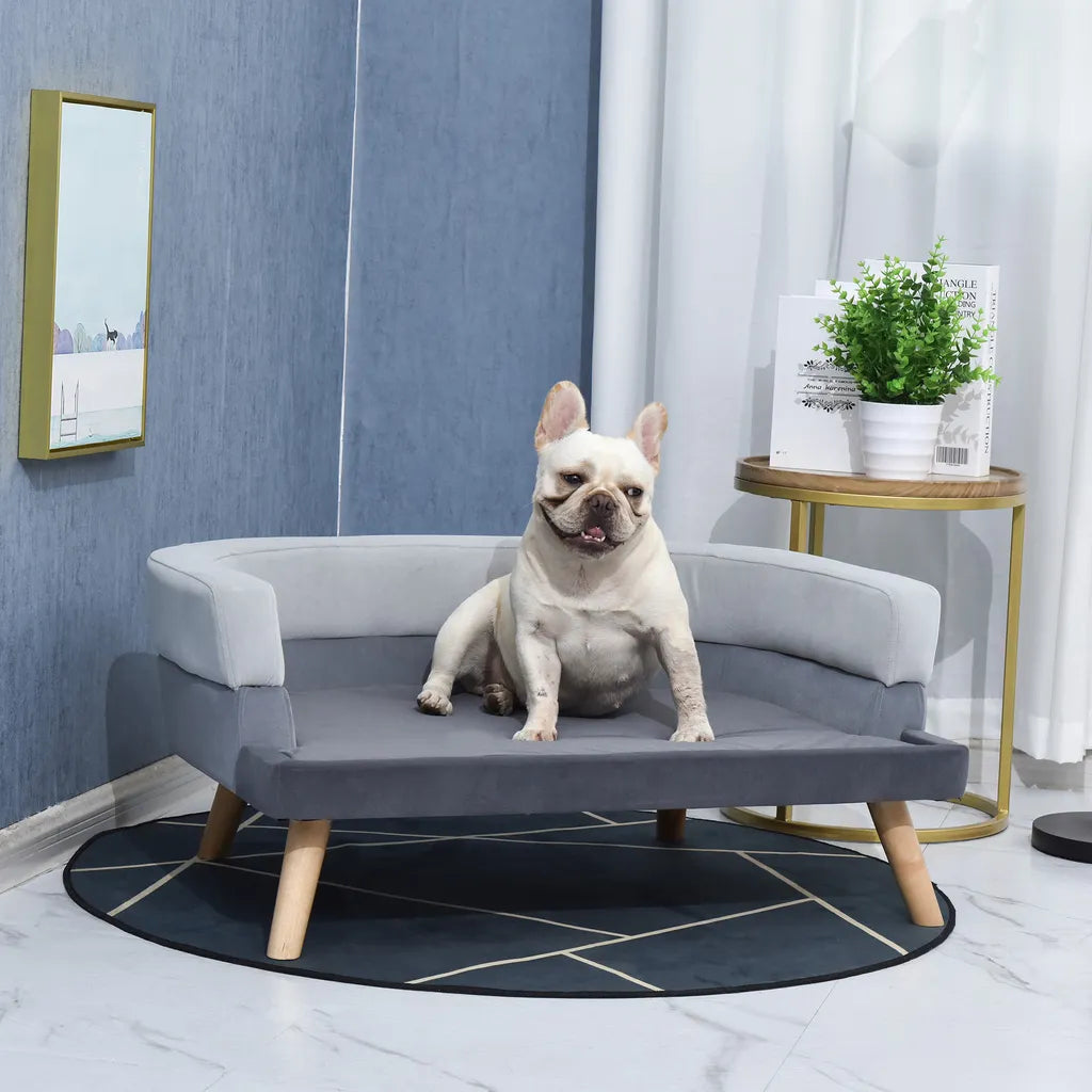  PawHut Hundesofa Mit Rückenlehne, Haustiersofa Mit Holzbeinen, Hundebett Weichem Bezug Katzensofa Grau 86,5x 61x36 Cm
