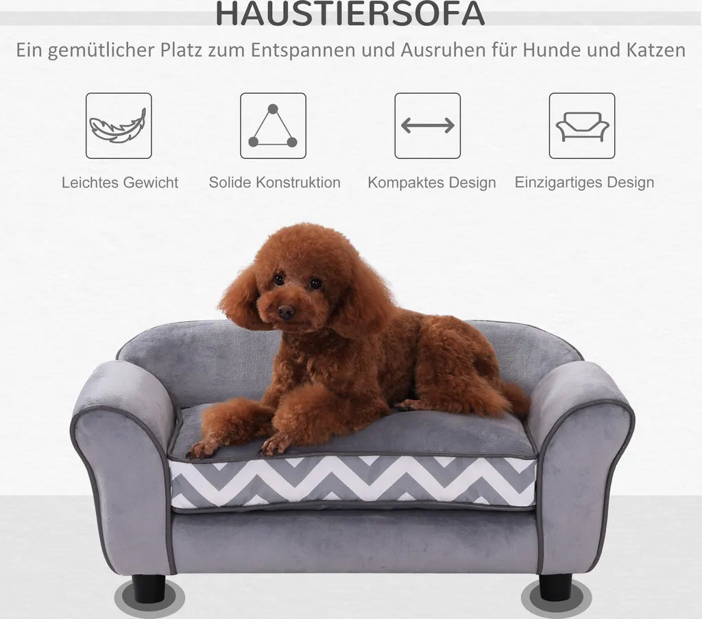  PawHut Hundesofa, Haustiersofa Mit Erhöhten Füßen, Hundecouch, Hundeliege Mit Kissen, Hundebett, Katzensofa, Waschbar, Samt, Grau, 73,5 X 41 X 33 Cm