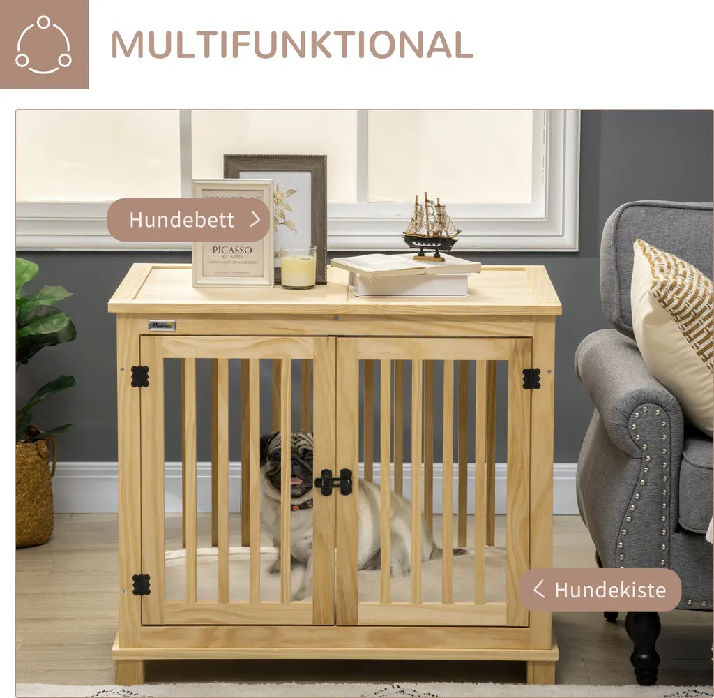  Pawhut Hundekäfig, Tierkäfig Aus Holz, Haustierkäfig Für Mittelgroße Hunde, Hundehütte Mit Kissen, Hundebox, Indoor, Naturholz+Cremeweiß, 82,5 X 57 X 72 Cm