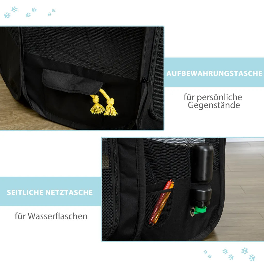  PawHut Welpenlaufstall Tierlaufstall Faltbarer Welpenauslauf Freigehege Laufstall Aus Oxfordstoff Für Kleine Hunde Und Katzen Wasserdicht Tragbar Cremeweiß+Schwarz 92 X 92 X 58 Cm