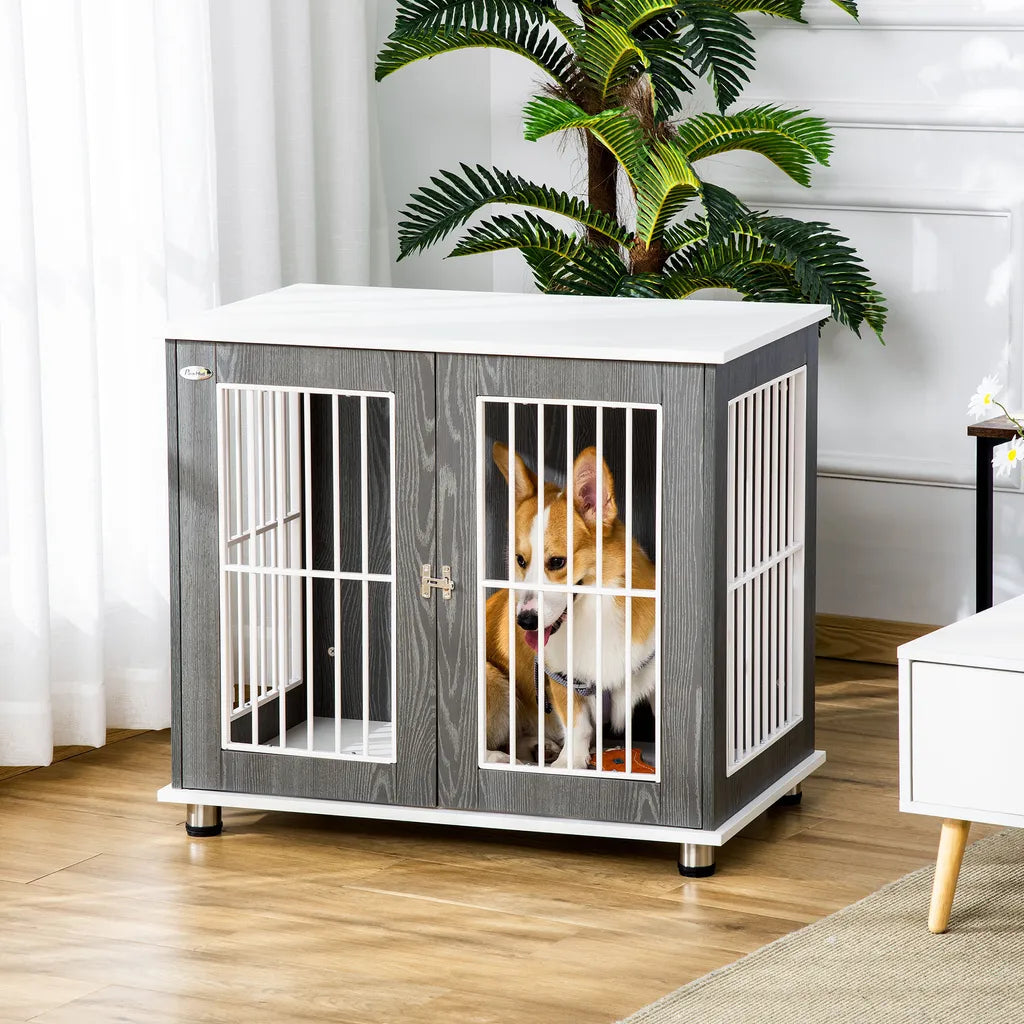  PawHut Hundekäfig Aus Holz Mit Tischoberfläche Schrank Kissen Erhöhtes Design Hundebox Hundehütte Hundekisten Für Mittelgroße Kleine Hunde Beistelltisch Design Innen Grau+Weiß 85 X 55 X 75 Cm