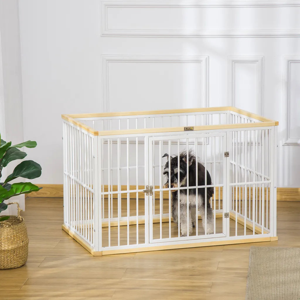  PawHut Welpenauslauf Freigehege Für Hund Hundelaufstall Schutzgitter Mit Tür Stahl Kiefernholz Weiß+Natur 93 X 61 X 59 Cm