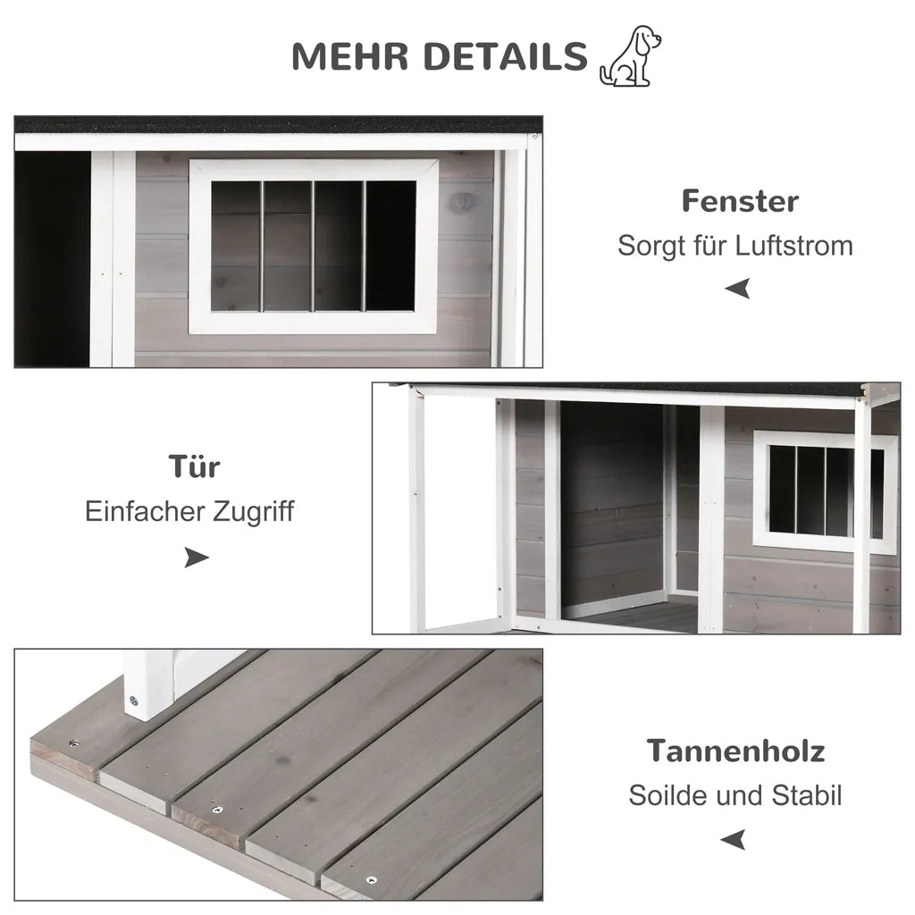  PawHut Hundehütte Aus Massivholz Kleintierhaus Isoliertes Hundehaus Mit Terrasse Asphaltdach Outdoor Wetterfeste Hütte Für Draußen Grau 127 X 112 X 109 Cm