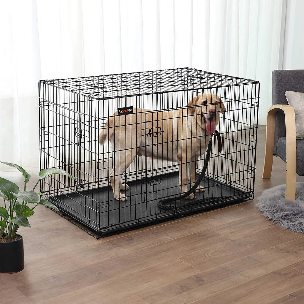  Feandrea Hundekäfig, XXL, 122 X 74,5 X 80,5 Cm, Klappbar, Mit 2 Türen, Ausziehbare Kunststoffschale, Schwarz PPD48H