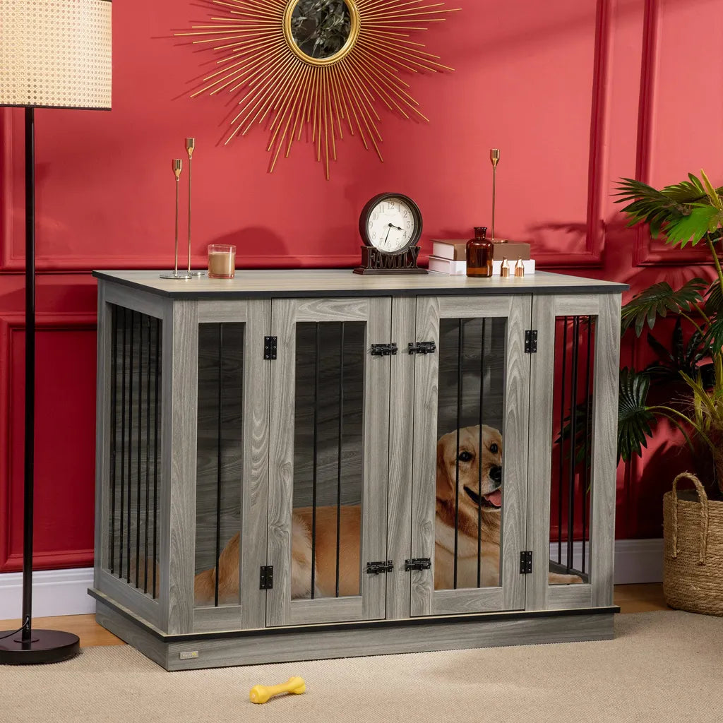  Pawhut Hundekäfig Schrank Haustierkäfig Mit Herausnehmbarem Trennwand Tierkäfig Hundehütte Mit Tischoberfläche Hundebox Innen Spanplatte Dunkelwalnuss+Eiche 120 X 60 X 88,5 Cm