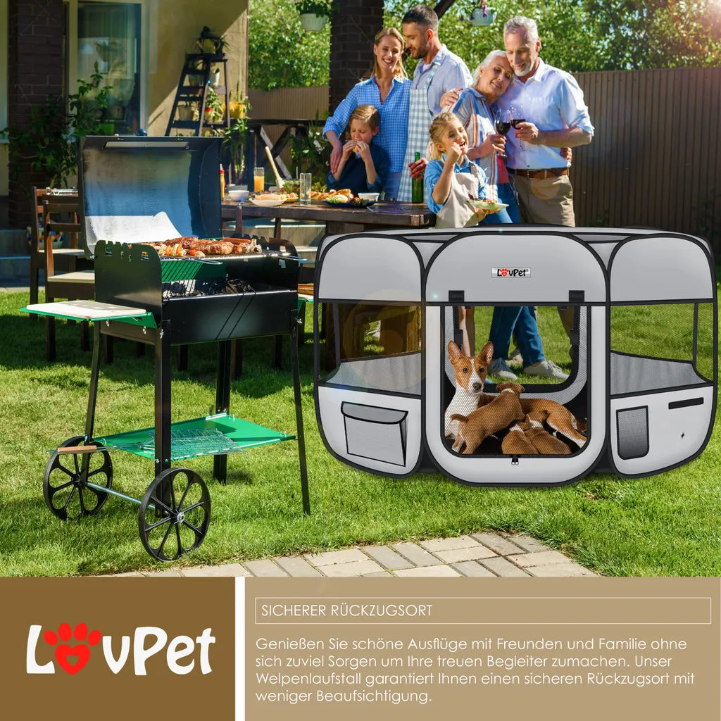  LOVPET® Welpenlaufstall Tierlaufstall Faltbar Für Kleintiere Hunde, Katzen Inkl. Hundenapf Hundelaufstall Freigehege Oxfordgewebe Pop-up System Indoor & Outdoor, Farbe:Hellgrau / Schwarz