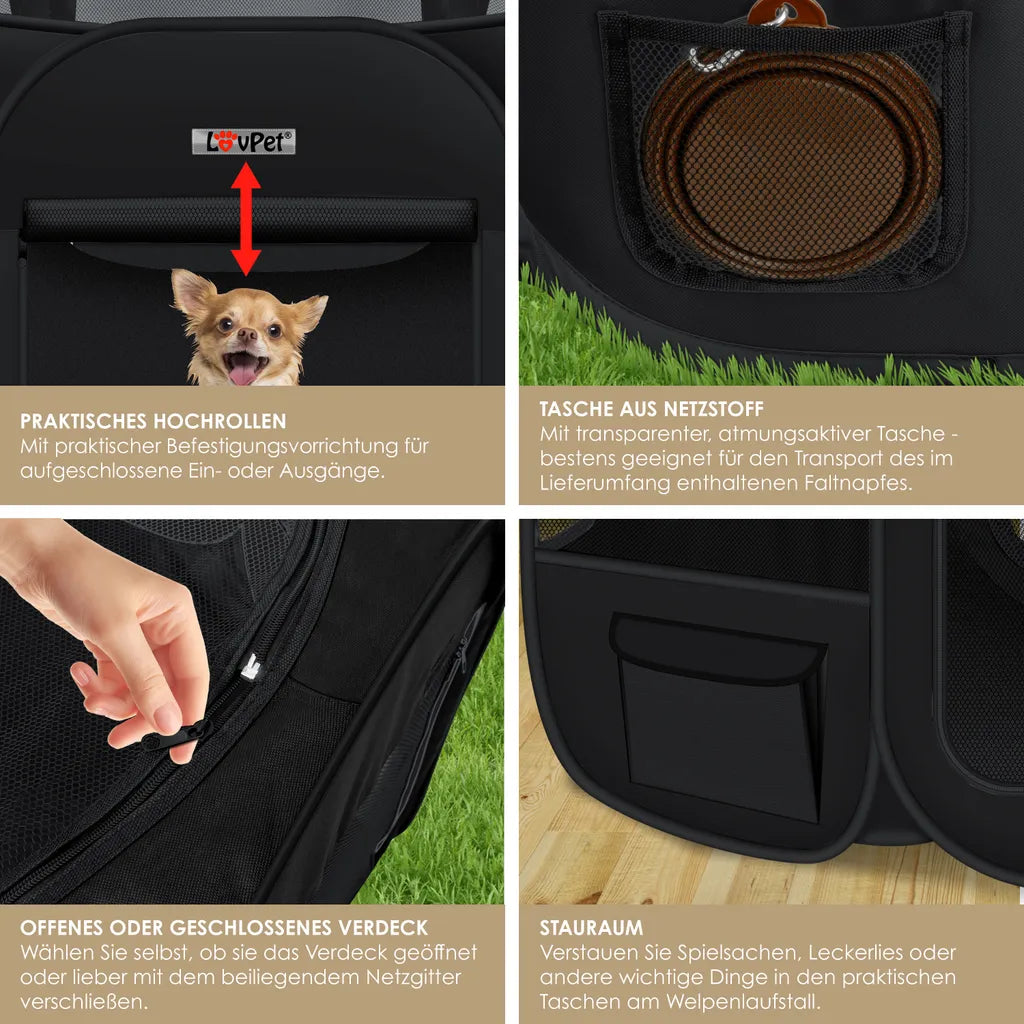  LOVPET® Welpenlaufstall Tierlaufstall Faltbar Für Kleintiere Hunde, Katzen Inkl. Hundenapf Hundelaufstall Freigehege Oxfordgewebe Pop-up System Indoor & Outdoor, Farbe:Schwarz