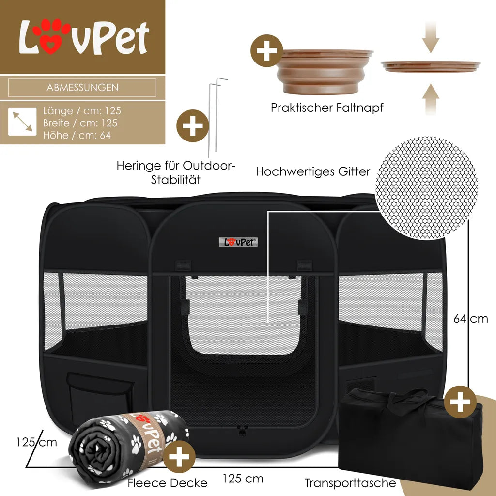  LOVPET® Welpenlaufstall Tierlaufstall Faltbar Für Kleintiere Hunde, Katzen Inkl. Hundenapf Hundelaufstall Freigehege Oxfordgewebe Pop-up System Indoor & Outdoor, Farbe:Schwarz