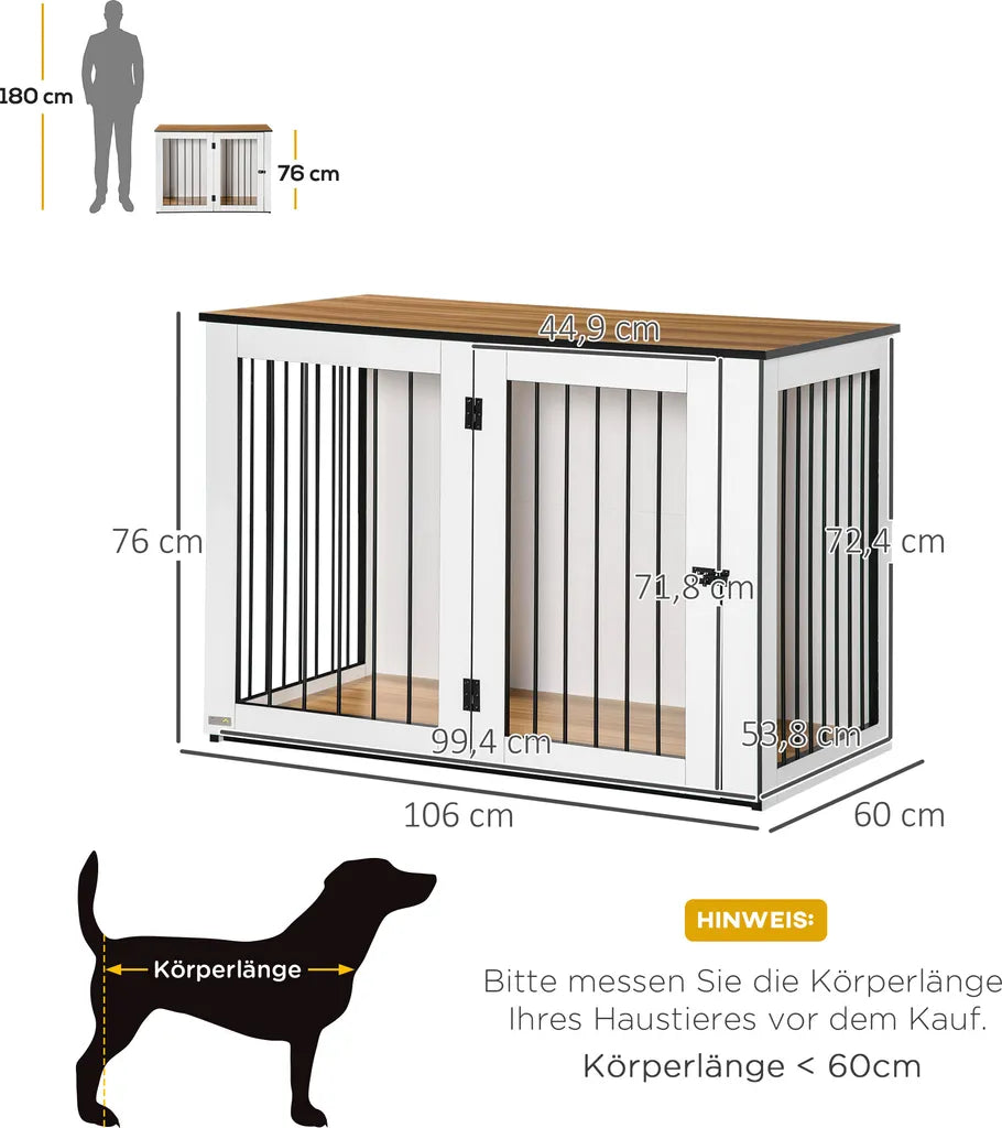  Pawhut Hundekäfig Schrank Haustierkäfig Tierkäfig Für Große Hunde Hundehütte Mit Tischoberfläche Hundebox Innen Spanplatte Dunkelwalnuss+Weiß 106 X 60 X 76 Cm