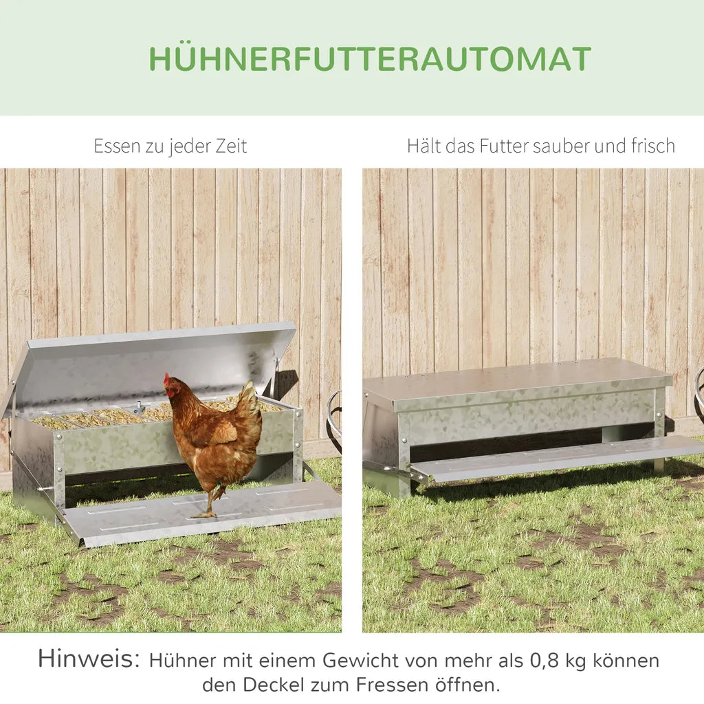  PawHut Futterautomat Hühner 5 Kg Füllmenge Hühnerfutterautomat Futterspender Geflügel-Futterspender Mit Deckel Für Hühner Und Geflügel Wasserdicht Automatisch Silber 56 X 36 X 18,5 Cm