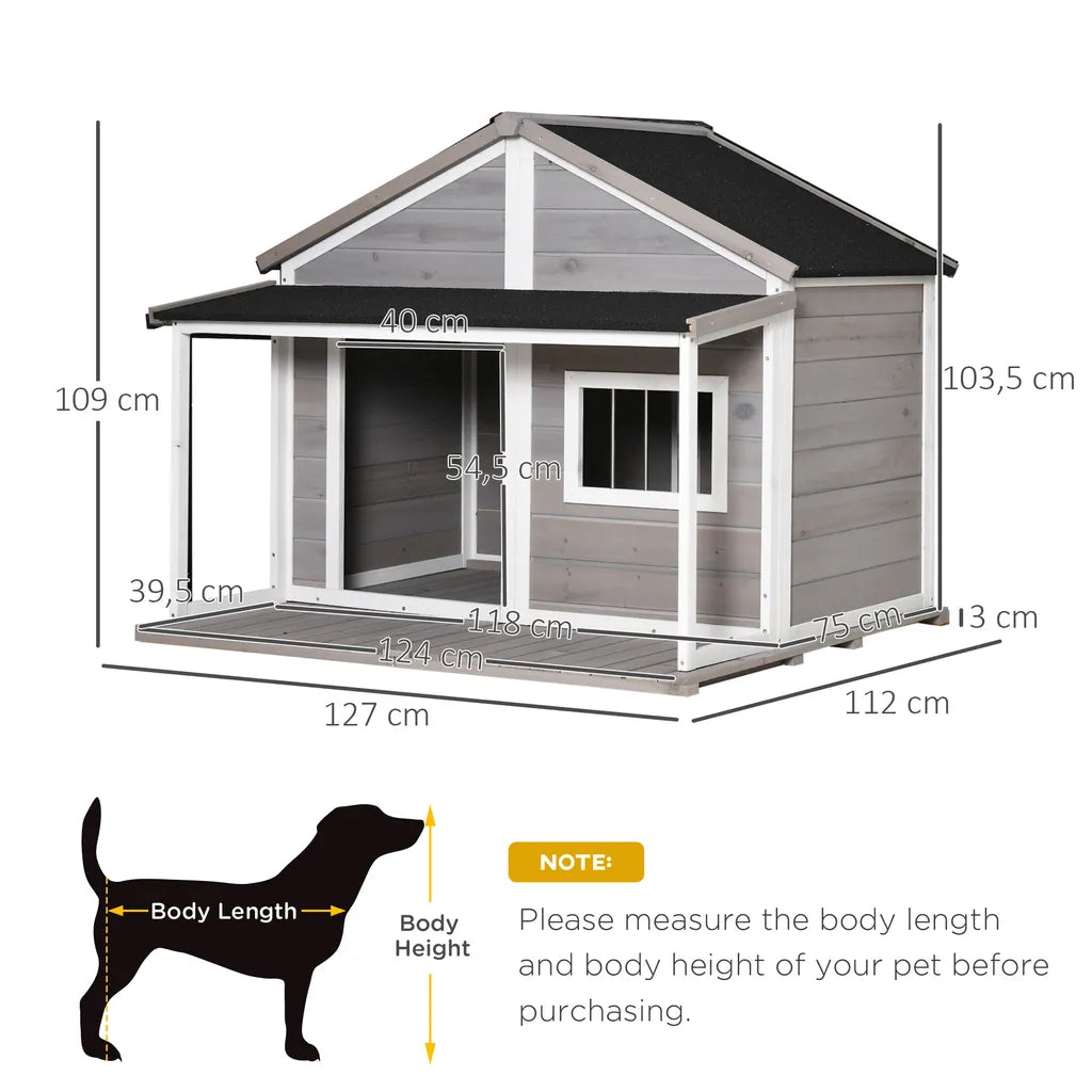  PawHut Hundehütte Aus Massivholz Kleintierhaus Isoliertes Hundehaus Mit Terrasse Asphaltdach Outdoor Wetterfeste Hütte Für Draußen Grau 127 X 112 X 109 Cm