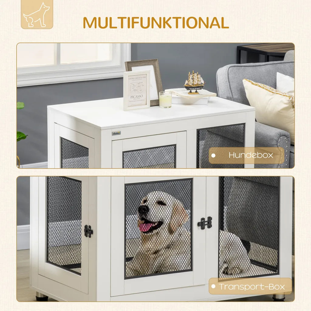  PawHut Hundekäfig, Haustierkäfig Mit Tischplatte, Hundehaus, Hundehütte Mit Kissen, Hundebox Indoor, Tierkäfig Mit 2 Türen Für Große Hunde, Beistelltisch, Weiß+Schwarz, 94 X 60 X 71,5 Cm