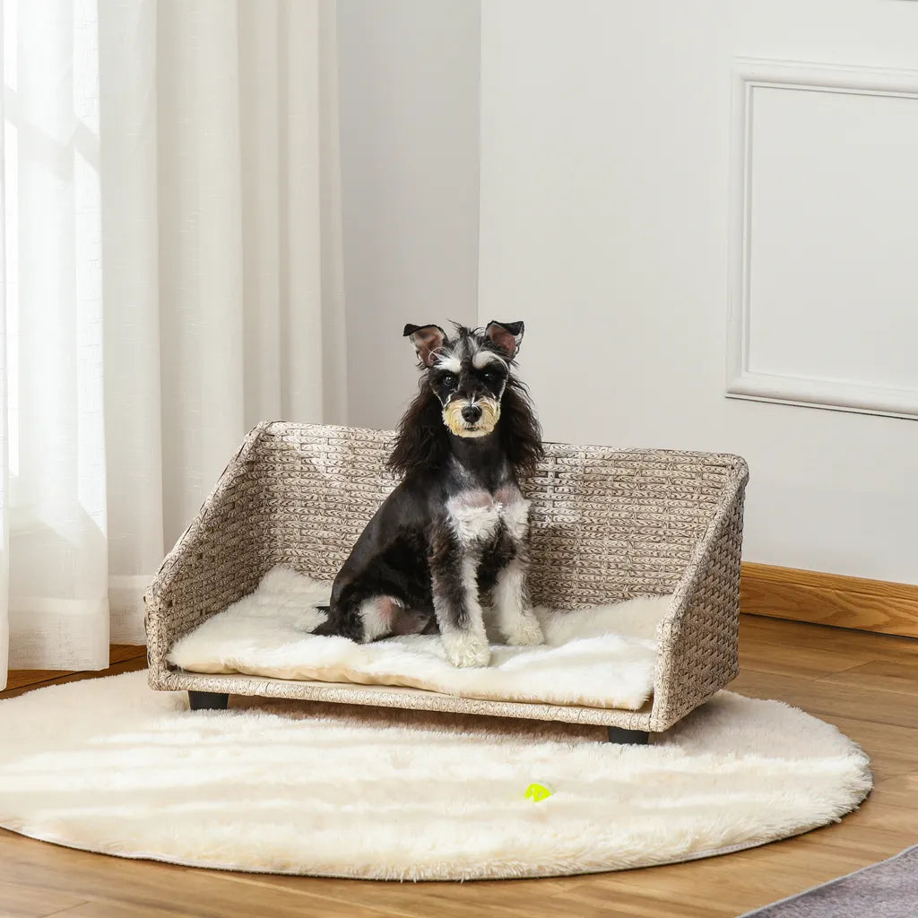  PawHut Haustiersofa Hundebett Rattan Mit Kissen Vier Füßen Haustierbett Katzenbett Hundekorb Hundesofa Für Kleine Hunde Hellgrau+Weiß 70,5 X 40 X 37,5 Cm
