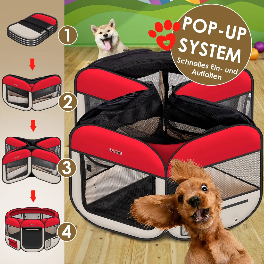  LOVPET® Welpenlaufstall Tierlaufstall Faltbar Für Kleintiere Hunde, Katzen Inkl. Hundenapf Hundelaufstall Freigehege Oxfordgewebe Pop-up System Indoor & Outdoor, Farbe:Rot / Beige