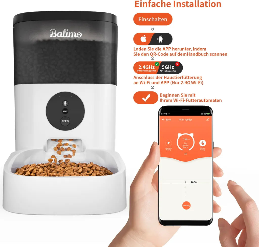  Balimo 4L Wifi Automatischer Futterautomat Für Katzen Und Hunde, 10s Soundaufnahmefunktion, 1-4 Mahlzeiten Pro Tag, Weiß+Schwarz