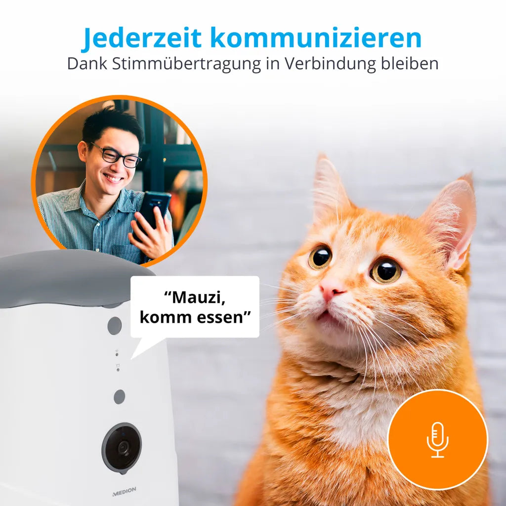  MEDION Smarter Futterautomat (Futterspender Für Hunde Und Katzen, Trockenfutter, Fütterungszeiten, Portionenanzahl, Steuerung Per App, HD-Video Kamera, MD60228)