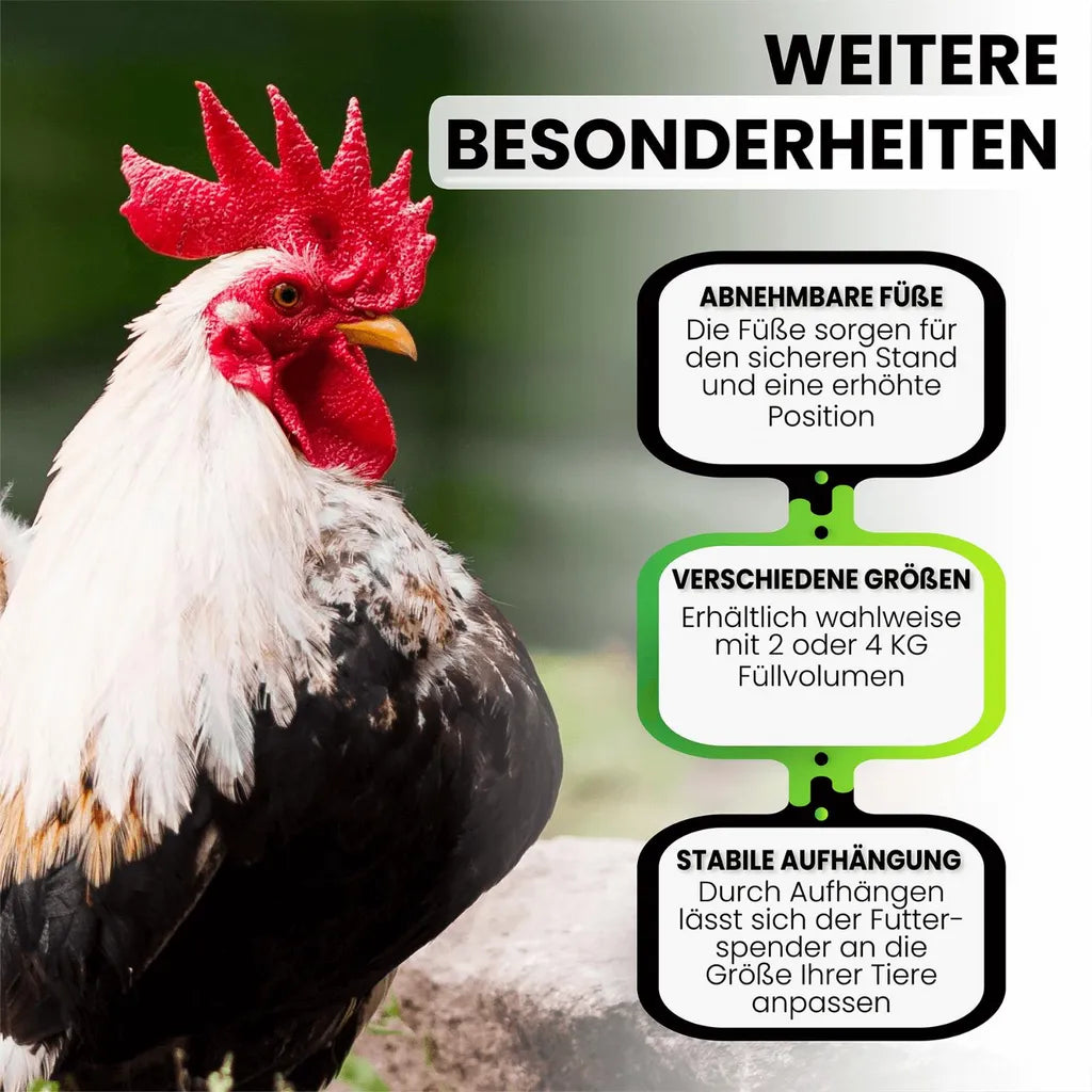  Futterautomat Mit Füßen, 4 Kg Grün I Hühner, Geflügel Futterspender I Automatischer Spender Für Hühnerfutter I Futterstation Aufhängbar I Wasserdichter Automat I Zubehör Zucht, Farming