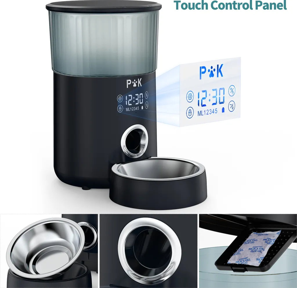  P&K 4L Automatischer Futterautomat Touch Futterspender Für Katzen Und Hunde, 1-5 Mahlzeiten Pro Tag, Netzteil / Batterie, Schwarz