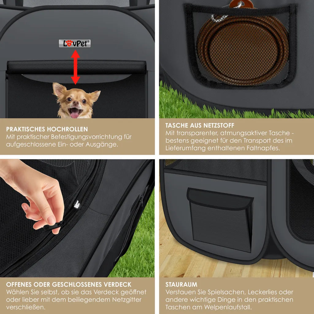  LOVPET® Welpenlaufstall Tierlaufstall Faltbar Für Kleintiere Hunde, Katzen Inkl. Hundenapf Hundelaufstall Freigehege Oxfordgewebe Pop-up System Indoor & Outdoor, Farbe:Anthrazit / Schwarz