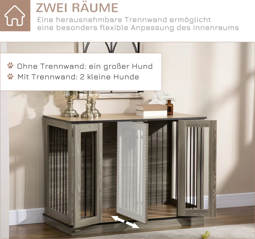  Pawhut Hundekäfig Schrank Haustierkäfig Mit Herausnehmbarem Trennwand Tierkäfig Hundehütte Mit Tischoberfläche Hundebox Innen Spanplatte Dunkelwalnuss+Eiche 120 X 60 X 88,5 Cm