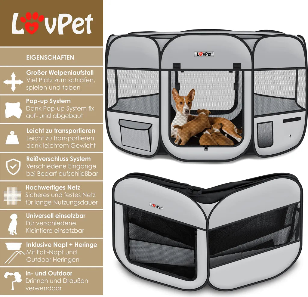  LOVPET® Welpenlaufstall Tierlaufstall Faltbar Für Kleintiere Hunde, Katzen Inkl. Hundenapf Hundelaufstall Freigehege Oxfordgewebe Pop-up System Indoor & Outdoor, Farbe:Hellgrau / Schwarz