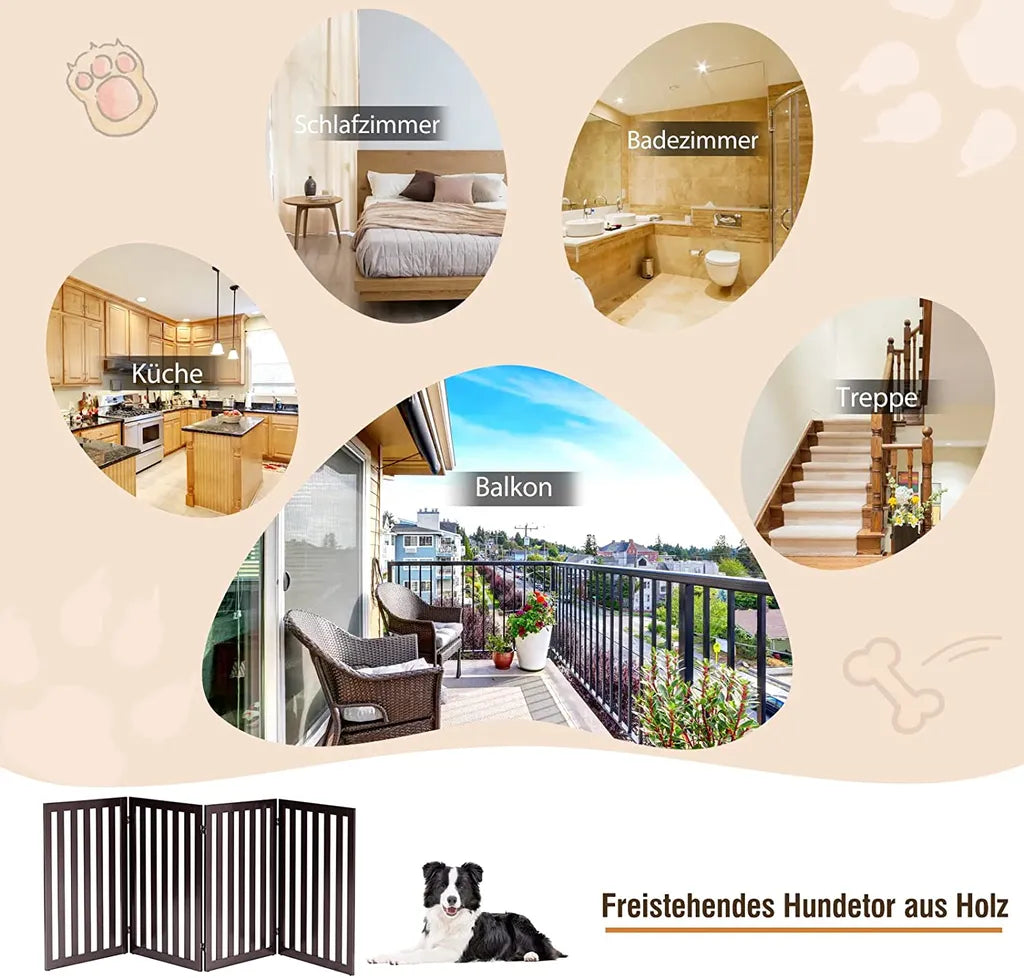  COSTWAY Absperrgitter Hunde 89cm Hoch, 4 Paneelen Schutzgitter Holz Klappbar, Treppengitter Hundeabsperrgitter Flexibel Türschutzgitter (Braun)
