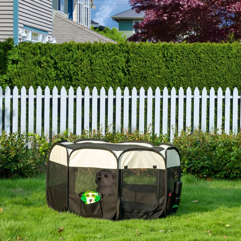  PawHut Welpenlaufstall Tierlaufstall Faltbarer Welpenauslauf Freigehege Laufstall Aus Oxfordstoff Für Kleine Hunde Und Katzen Wasserdicht Tragbar Cremeweiß+Schwarz 118 X 118 X 62 Cm
