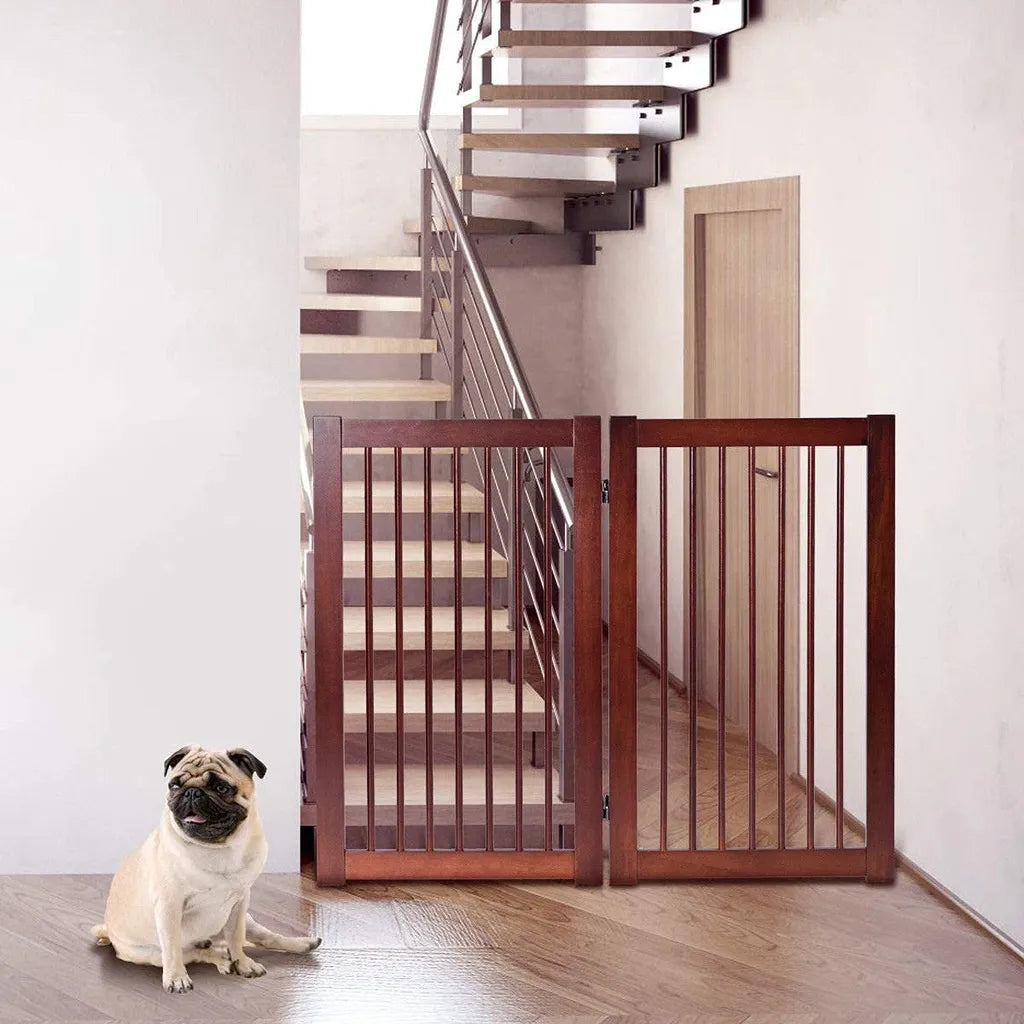  COSTWAY 2 Stücke Absperrgitter Hunde, Holz Schutzgitter Mit Tor Klappbar, Treppengitter Hundeabsperrgitter Flexibel Türschutzgitter