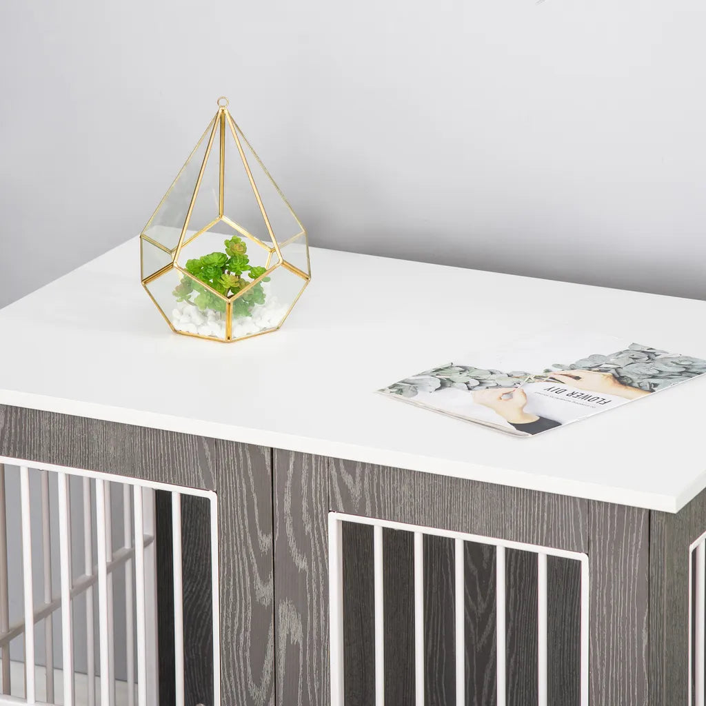  PawHut Hundekäfig Aus Holz Mit Tischoberfläche Schrank Kissen Erhöhtes Design Hundebox Hundehütte Hundekisten Für Mittelgroße Kleine Hunde Beistelltisch Design Innen Grau+Weiß 85 X 55 X 75 Cm