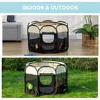  PawHut Welpenlaufstall Tierlaufstall Faltbarer Welpenauslauf Freigehege Laufstall Aus Oxfordstoff Für Kleine Hunde Und Katzen Wasserdicht Tragbar Cremeweiß+Schwarz 92 X 92 X 58 Cm