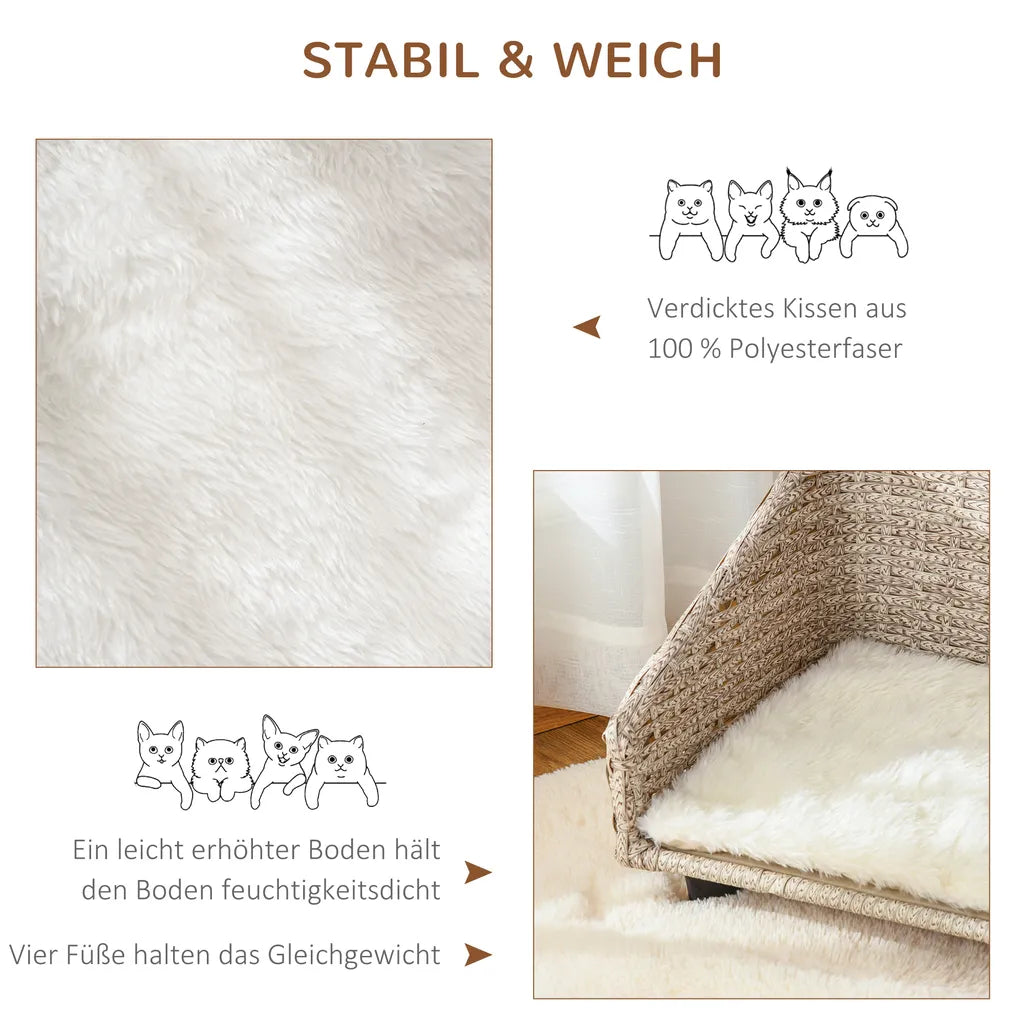  PawHut Haustiersofa Hundebett Rattan Mit Kissen Vier Füßen Haustierbett Katzenbett Hundekorb Hundesofa Für Kleine Hunde Hellgrau+Weiß 70,5 X 40 X 37,5 Cm