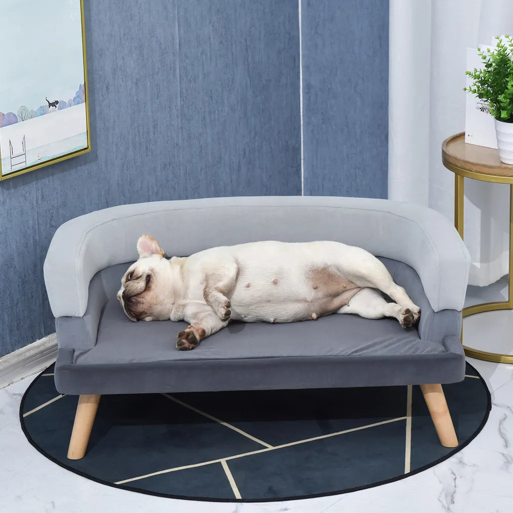  PawHut Hundesofa Mit Rückenlehne, Haustiersofa Mit Holzbeinen, Hundebett Weichem Bezug Katzensofa Grau 86,5x 61x36 Cm