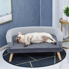  PawHut Hundesofa Mit Rückenlehne, Haustiersofa Mit Holzbeinen, Hundebett Weichem Bezug Katzensofa Grau 86,5x 61x36 Cm