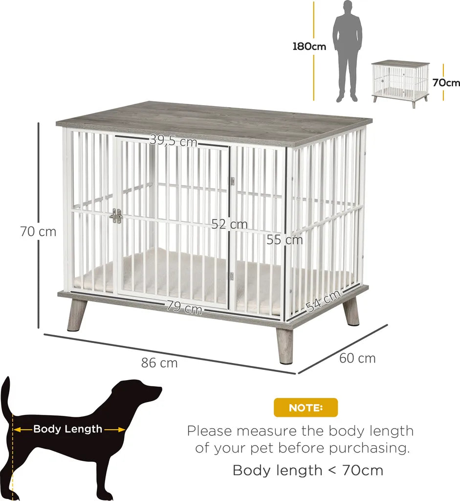  PawHut Hundekäfig Aus Holz Mit Kissen Tischoberfläche Erhöhtes Design Hundebox Für Mittelgroße Hunde Innen Zuhause Tierkäfig Haustier Weiß+Grau 86 X 60 X 70 Cm