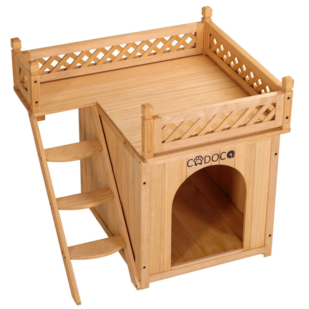  Cadoca Katzenhaus FSC®-zertifiziertes Holz 64,5x54,5x53,5cm 2-stöckig Leiter Balkon Indoor Outdoor Hundehütte Katzenvilla Tierhaus