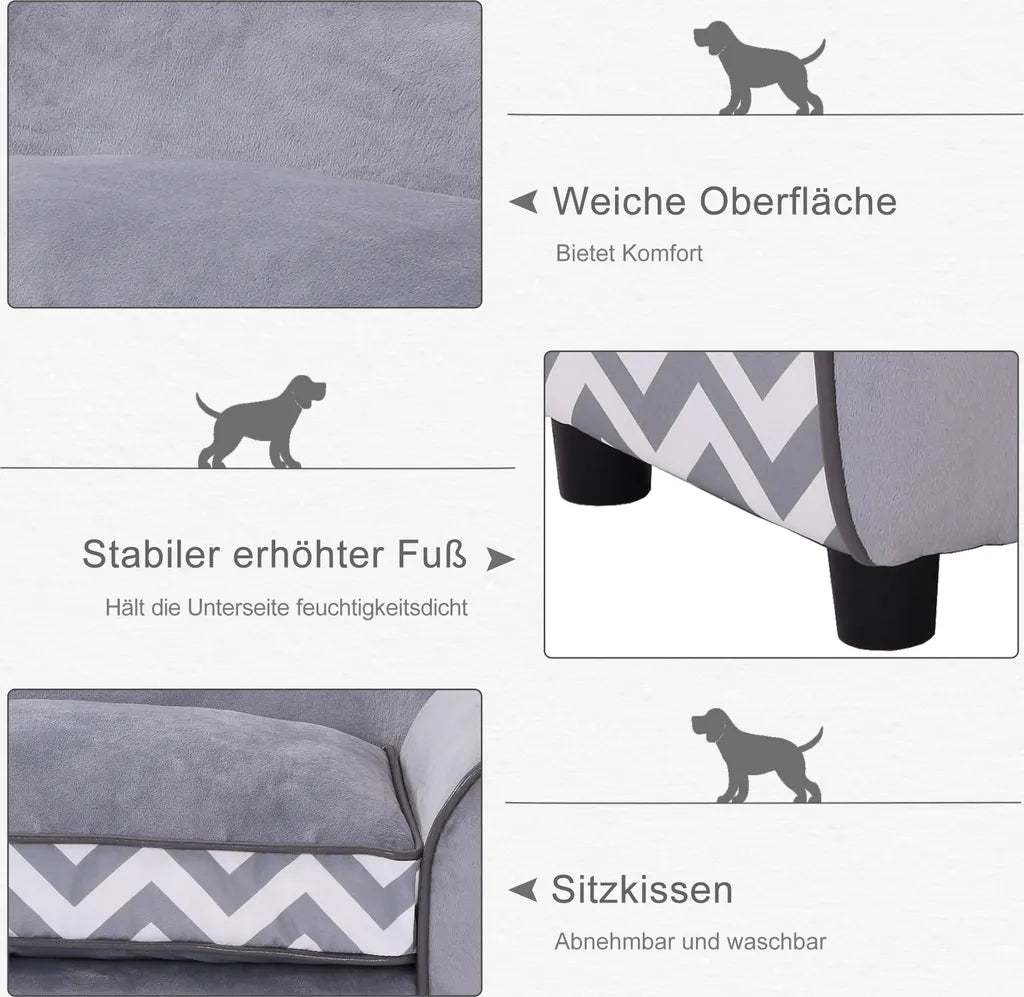 PawHut Hundesofa, Haustiersofa Mit Erhöhten Füßen, Hundecouch, Hundeliege Mit Kissen, Hundebett, Katzensofa, Waschbar, Samt, Grau, 73,5 X 41 X 33 Cm