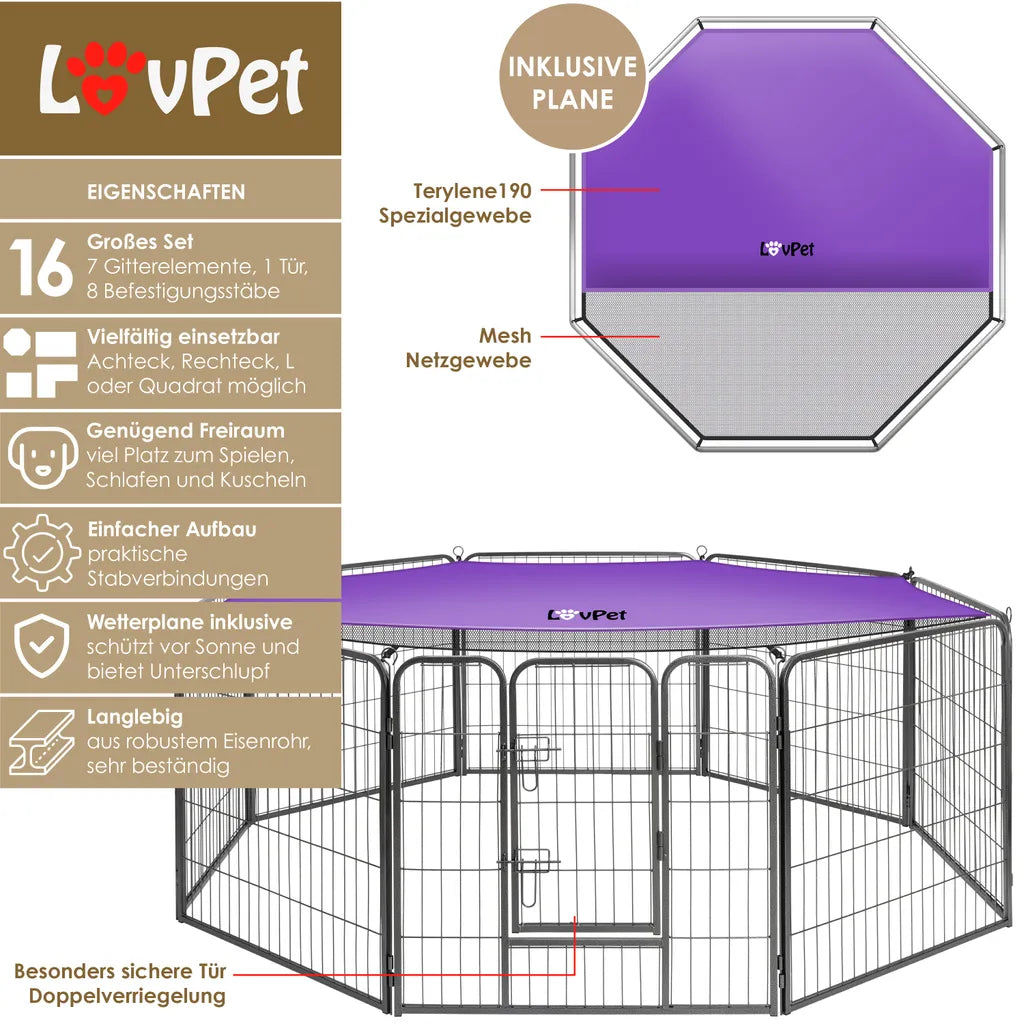  LovPet Welpenlaufstall Freilaufgehege Welpenauslauf Hundelaufstall Tierlaufstall Hunde, Mit Tür Und Wetterfester Laufstall Für Hund, Katze, Welpe, Kaninchen, Meerschweinchen, Größe:XXL (mit Schutzplane)