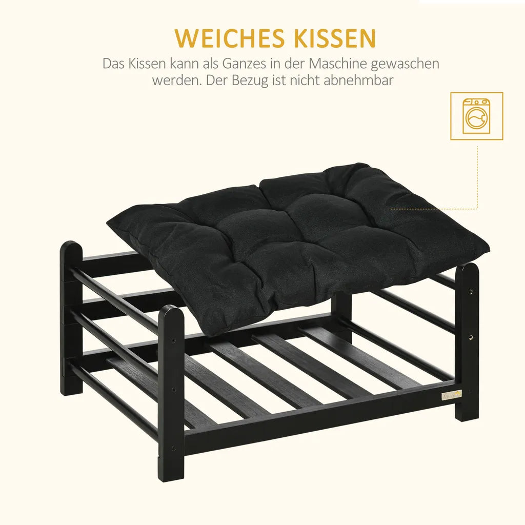  PawHut Erhöhtes Hundebett Mit Kissen Holzrahmen Haustierbett Hundeschlafplatz Für Kleine Hunde Schwarz 65 X 51 X 32 Cm