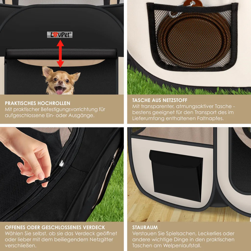  LOVPET® Welpenlaufstall Tierlaufstall Faltbar Für Kleintiere Hunde, Katzen Inkl. Hundenapf Hundelaufstall Freigehege Oxfordgewebe Pop-up System Indoor & Outdoor, Farbe:Schwarz / Beige